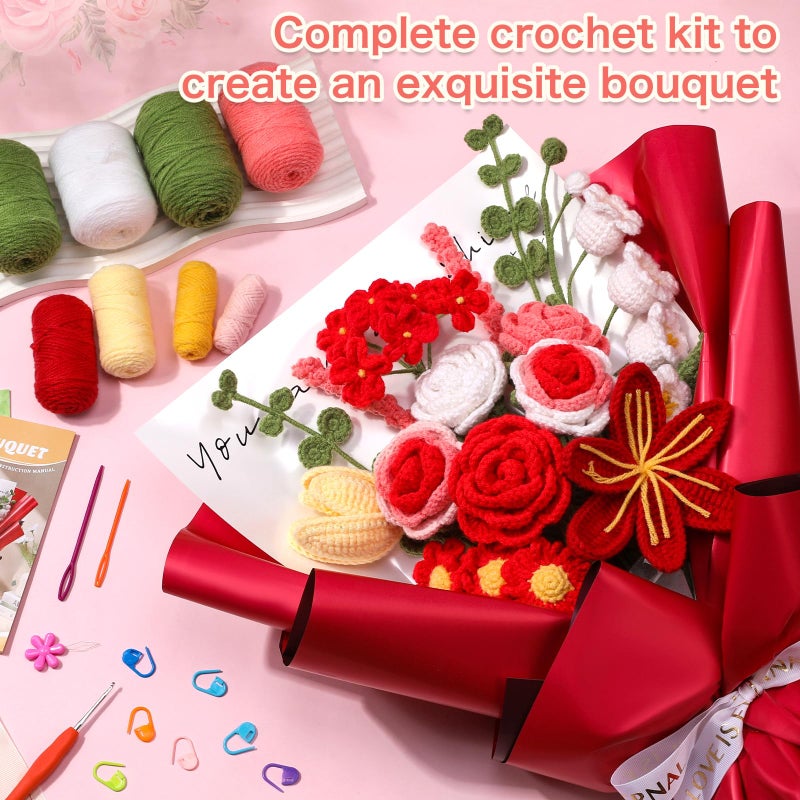 Iuuidu Crochet Kit For Beginners  Flower Bouquet Crochet Kit Rose  Crochet Starter Kit For Beginners With Step-By-Step Video Tutorials For Birthday Anniversary Day Present  Home Decor (Red) - Image 4