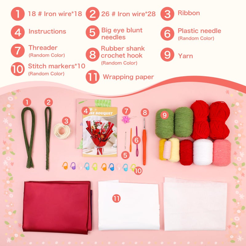 Iuuidu Crochet Kit For Beginners  Flower Bouquet Crochet Kit Rose  Crochet Starter Kit For Beginners With Step-By-Step Video Tutorials For Birthday Anniversary Day Present  Home Decor (Red) - Image 2