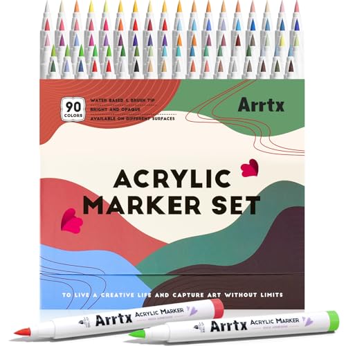 Arrtx Acrylic Markers 90 Colors, Premium Brush Tip Acrylic Paint Pens, Water Based Ink, No Toxic, Water Resistant Paint Markers for Rock Painting Wood Stone Glass Fabric DIY Project - Image 1