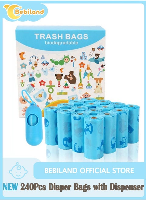 New 240-Piece Disposable Diaper Bag Refills with A Trash Bag Dispenser, Safe and Odour Control Biodegradable Baby Nappy Sacks for Collecting Nappies and Garbage, Blue