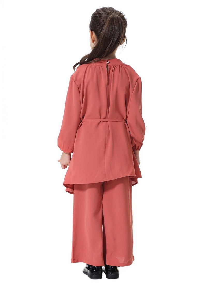 Loquat Girl's Traditional Solid Color 2-Piece Set Long Sleeve Tops And Loose Pants Suit Brick Red  - Image 2