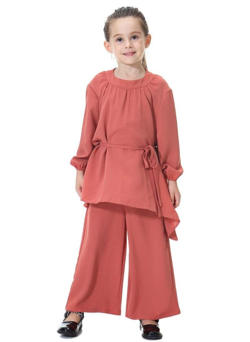 Loquat Girl's Traditional Solid Color 2-Piece Set Long Sleeve Tops And Loose Pants Suit Brick Red  - Image 1