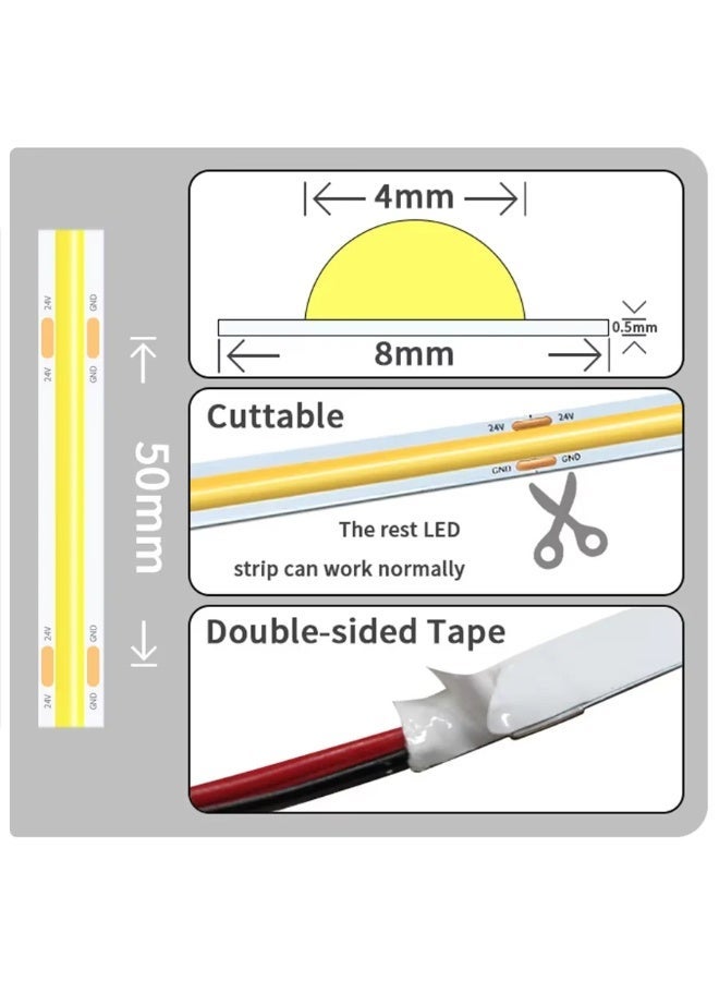 شريط إضاءة LED بتقنية COB، 288 مصباح LED/متر، عرض 8 مم، عالي(شريط إضاءة LED فقط، بدون وحدة تحكم LED) الكثافة ومرن - 12 فولت، لون أبيض - Image 2