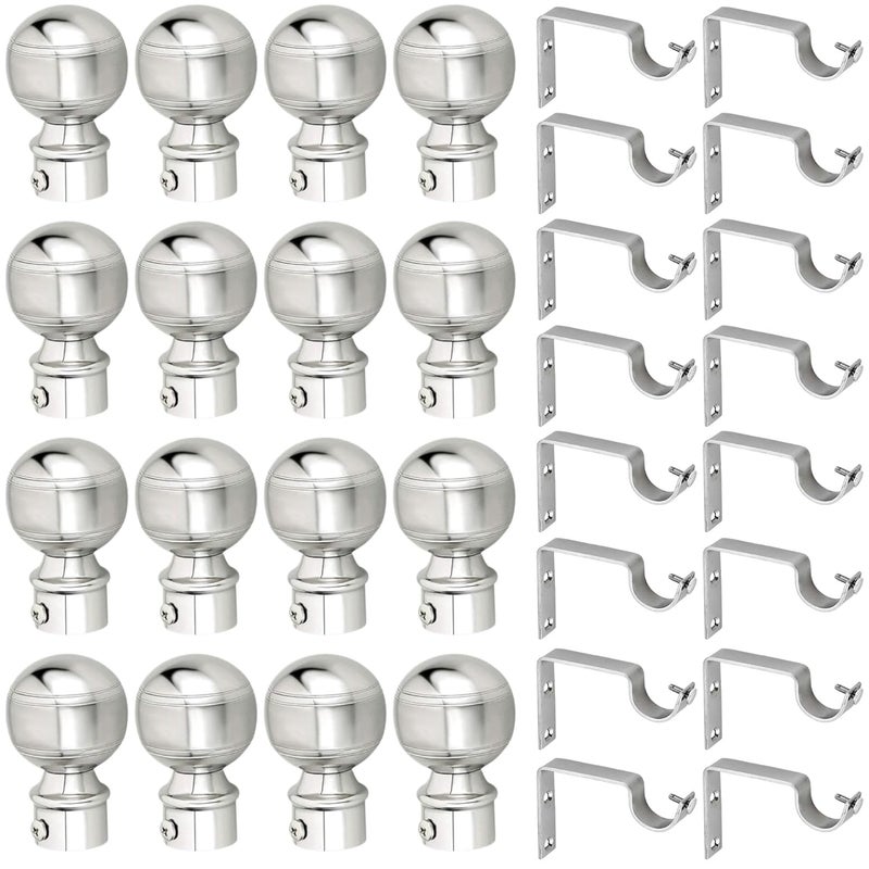 GRIVAN Stainless Steel Curtain Bracket Parda Holder with Support 1 Inch Rod Pocket Finials Designer Door and Window Rod Support Fittings, Curtain Rod Holder (Silver Pair of 8) - Image 1