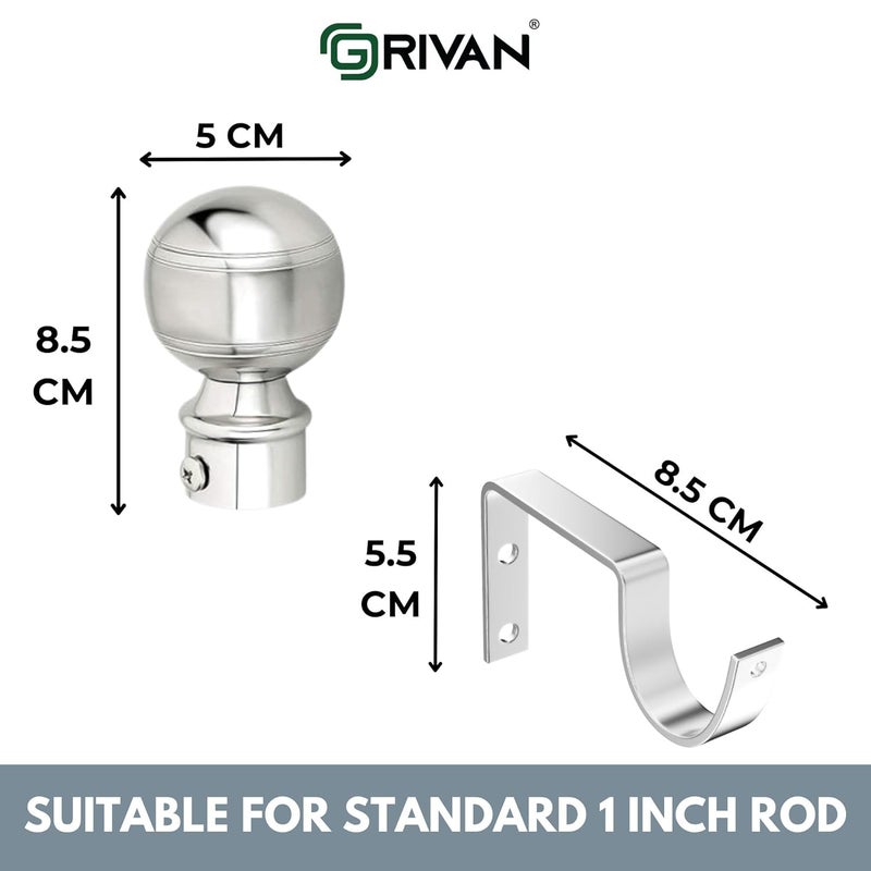 GRIVAN Stainless Steel Curtain Bracket Parda Holder with Support 1 Inch Rod Pocket Finials Designer Door and Window Rod Support Fittings, Curtain Rod Holder (Silver Pair of 8) - Image 4