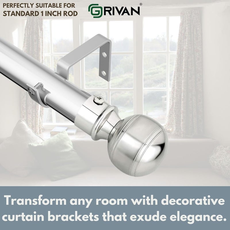 GRIVAN Stainless Steel Curtain Bracket Parda Holder with Support 1 Inch Rod Pocket Finials Designer Door and Window Rod Support Fittings, Curtain Rod Holder (Silver Pair of 8) - Image 5