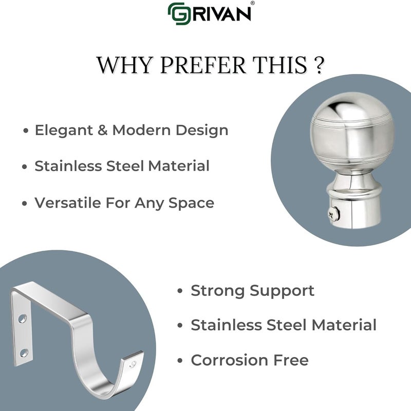 GRIVAN Stainless Steel Curtain Bracket Parda Holder with Support 1 Inch Rod Pocket Finials Designer Door and Window Rod Support Fittings, Curtain Rod Holder (Silver Pair of 8) - Image 3