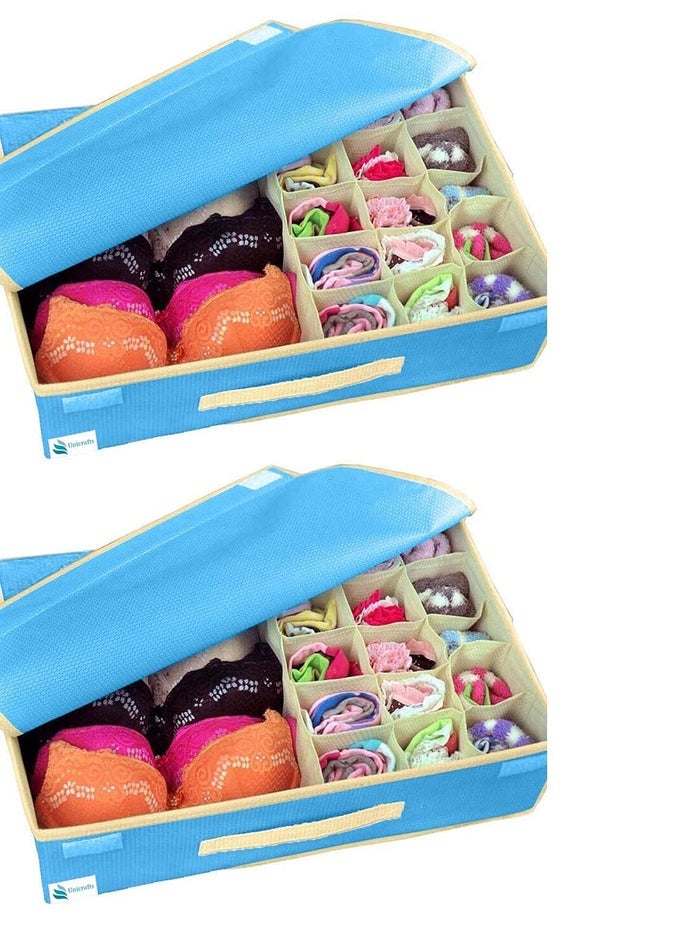 LINGERIE ORGANIZER 151 MULTI COMPARTMENT CELL NONSMELL FOLDABLE LINGERIE STORAGE BOX WITH LID NONWOVEN DRAWER DIVIDERS FOR BRA PANTY SCARFS TIE UNDERWEAR ETC PACK OF 2 PC BLUE