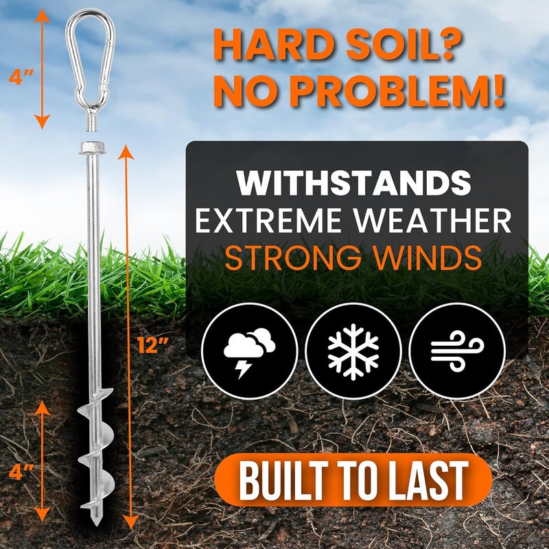 MightyPhine Earth Anchors - Heavy Duty Screw in Ground Stakes with Swing Carabiners - 12" Set of 4 with Drill Bit - Tent Stakes for Camping & Awning Canopy Anchor - Image 5