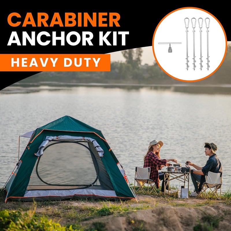 MightyPhine Earth Anchors - Heavy Duty Screw in Ground Stakes with Swing Carabiners - 12" Set of 4 with Drill Bit - Tent Stakes for Camping & Awning Canopy Anchor - Image 2