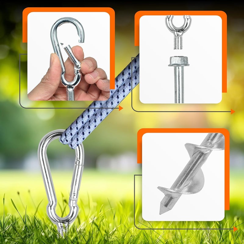 MightyPhine Earth Anchors - Heavy Duty Screw in Ground Stakes with Swing Carabiners - 12" Set of 4 with Drill Bit - Tent Stakes for Camping & Awning Canopy Anchor - Image 3