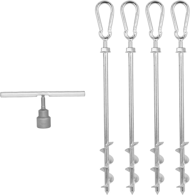MightyPhine Earth Anchors - Heavy Duty Screw in Ground Stakes with Swing Carabiners - 12" Set of 4 with Drill Bit - Tent Stakes for Camping & Awning Canopy Anchor - Image 1