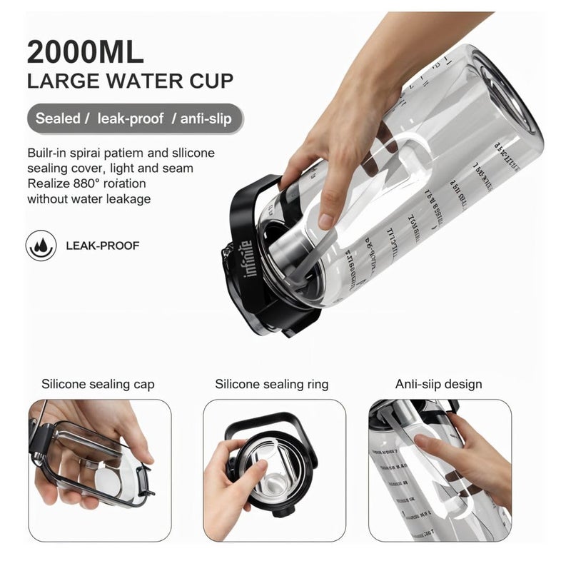 InfiniteEshop 2L Motivational Water Bottle with Time Marker BPA Free LeakProof Straw Bottle for Fitness Office School Gym and Travel PURPLE - Image 4