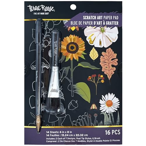 Brea Reese Scratch Art Paper Pad Fall Foraging 14 Sheets 7 Guided Art Designs Metallic Accents Stylus Brush 6x8 Pages DIY Adult Craft Kit - Image 1
