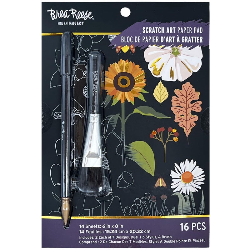 Brea Reese Scratch Art Paper Pad Fall Foraging 14 Sheets 7 Guided Art Designs Metallic Accents Stylus Brush 6x8 Pages DIY Adult Craft Kit - Image 3