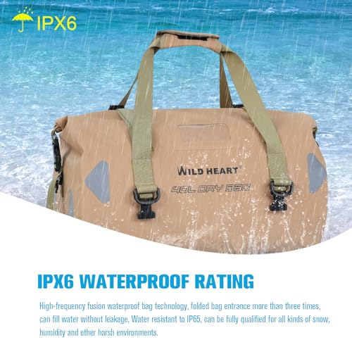 WILD HEART Motorcycle Dry Bag - Waterproof Duffle & Luggage Tail Bag Saddle Bags with Roll Top Closure, Shoulder Straps, Inner Pocket and Straps(40L,Khaki) - Image 2