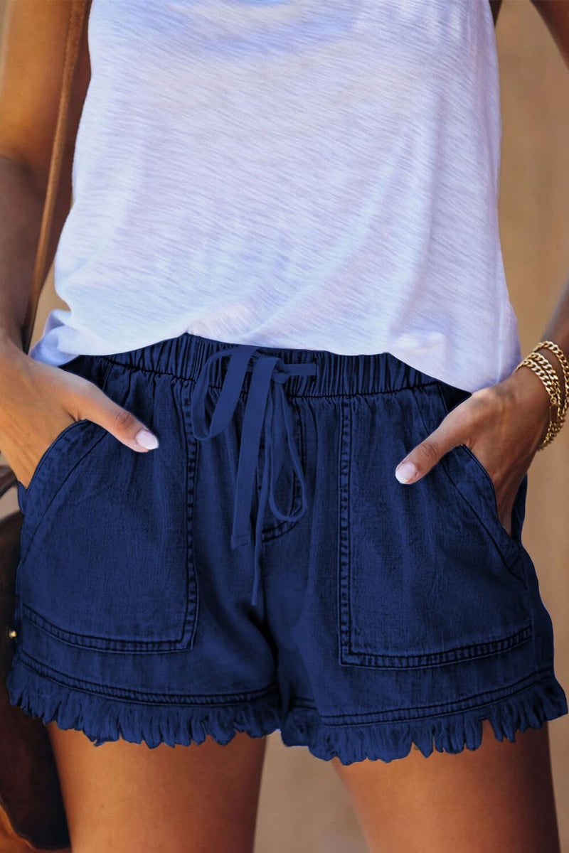 YOCUR Women Jean Shorts High Waisted Drawstring Paper Bag Fringe 3 Inseam Petite Casual Summer Frayed Hem Denim Shorts Dark Blue M - Image 2
