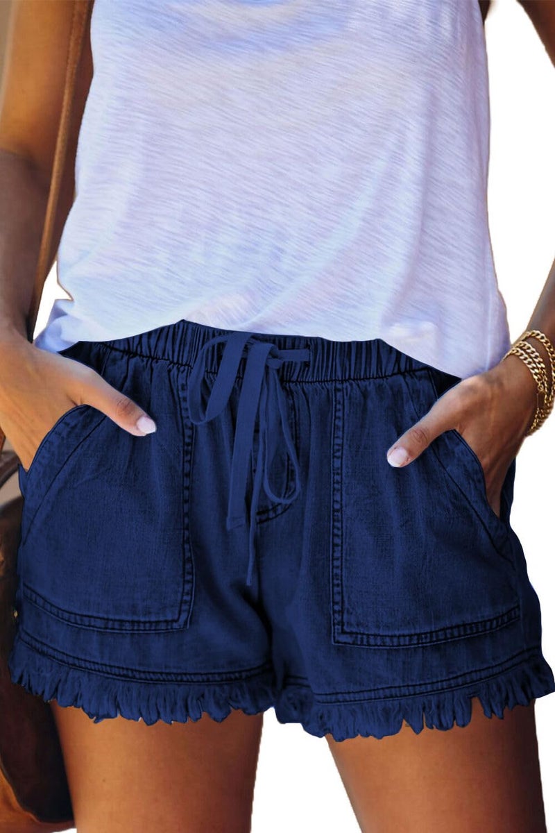 YOCUR Women Jean Shorts High Waisted Drawstring Paper Bag Fringe 3 Inseam Petite Casual Summer Frayed Hem Denim Shorts Dark Blue M - Image 5