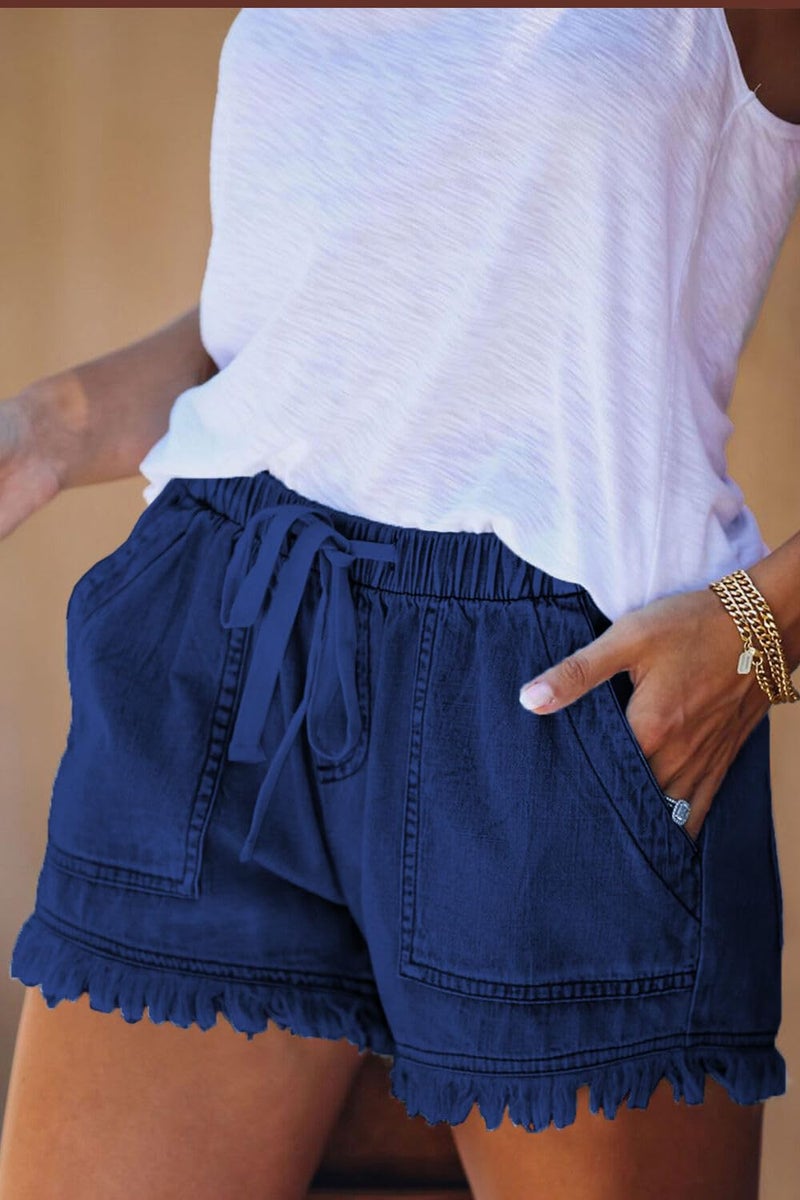 YOCUR Women Jean Shorts High Waisted Drawstring Paper Bag Fringe 3 Inseam Petite Casual Summer Frayed Hem Denim Shorts Dark Blue M - Image 3