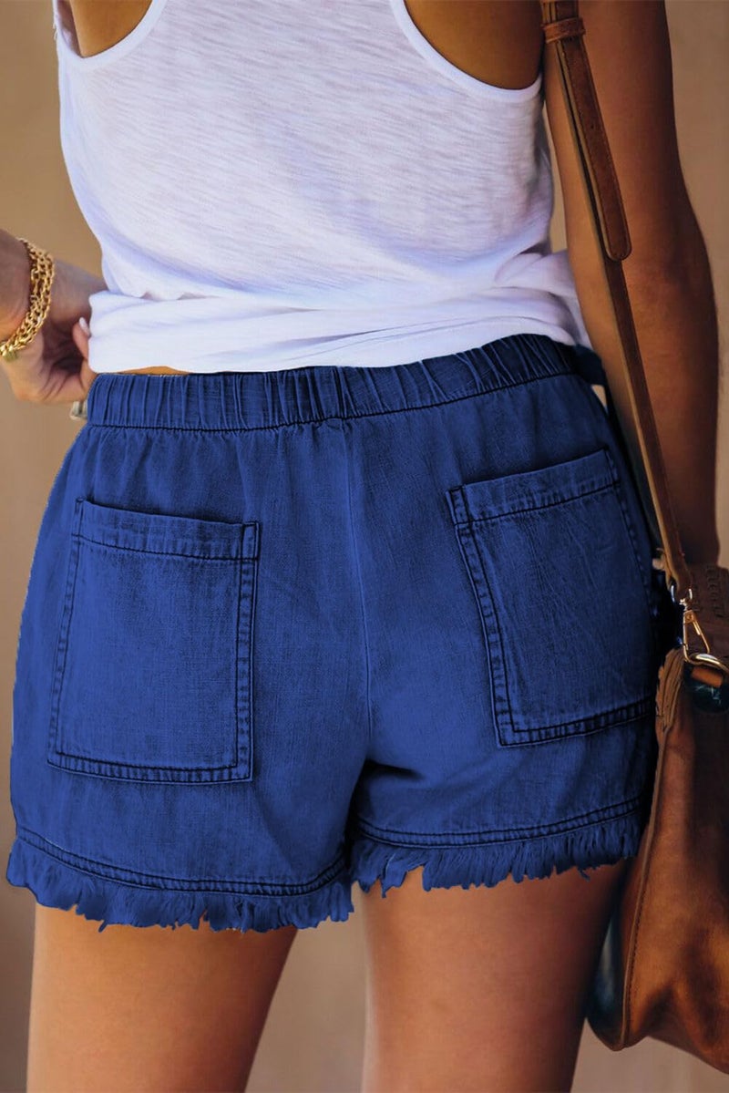 YOCUR Women Jean Shorts High Waisted Drawstring Paper Bag Fringe 3 Inseam Petite Casual Summer Frayed Hem Denim Shorts Dark Blue M - Image 4