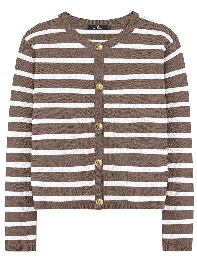 LILLUSORY Women's Striped Cardigan Sweaters Fall Outfits Clothes Fashion Trendy Long Sleeve Tops Casual Knit Lady Jackets Nutmeg White X-Small - Image 1