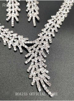 roaiss 3Pcs Rhinestone Jewelry Set Shinning V Neck Necklace Zircon Earrings Pendant Dress Accessory Chic Gift for Women Ladies Mother Wife Bridesmaids Wedding Party Sliver  - Image 5