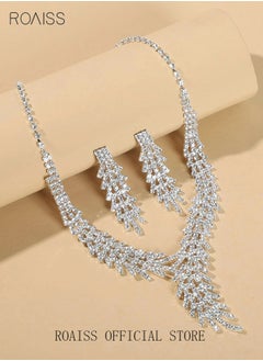 roaiss 3Pcs Rhinestone Jewelry Set Shinning V Neck Necklace Zircon Earrings Pendant Dress Accessory Chic Gift for Women Ladies Mother Wife Bridesmaids Wedding Party Sliver  - Image 4