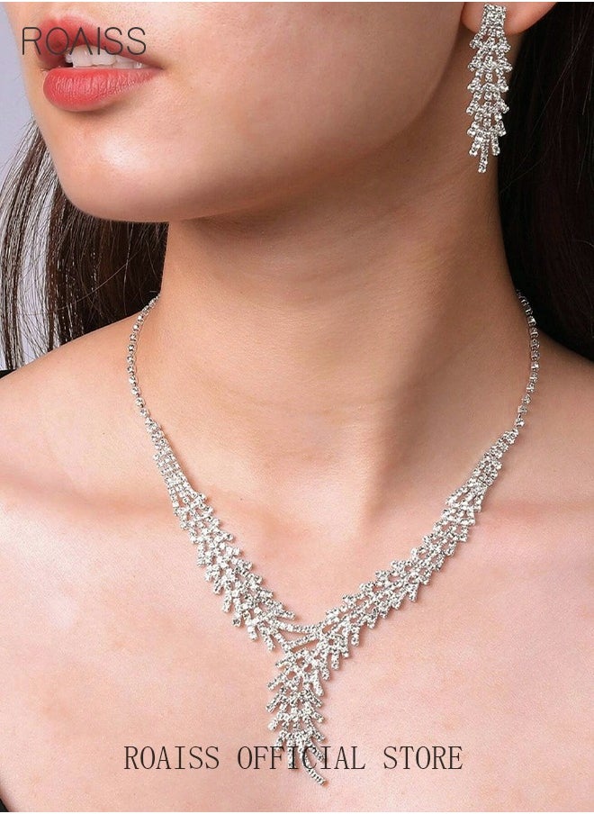 roaiss 3Pcs Rhinestone Jewelry Set Shinning V Neck Necklace Zircon Earrings Pendant Dress Accessory Chic Gift for Women Ladies Mother Wife Bridesmaids Wedding Party Sliver  - Image 1