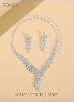 roaiss 3Pcs Rhinestone Jewelry Set Shinning V Neck Necklace Zircon Earrings Pendant Dress Accessory Chic Gift for Women Ladies Mother Wife Bridesmaids Wedding Party Sliver  - Image 3