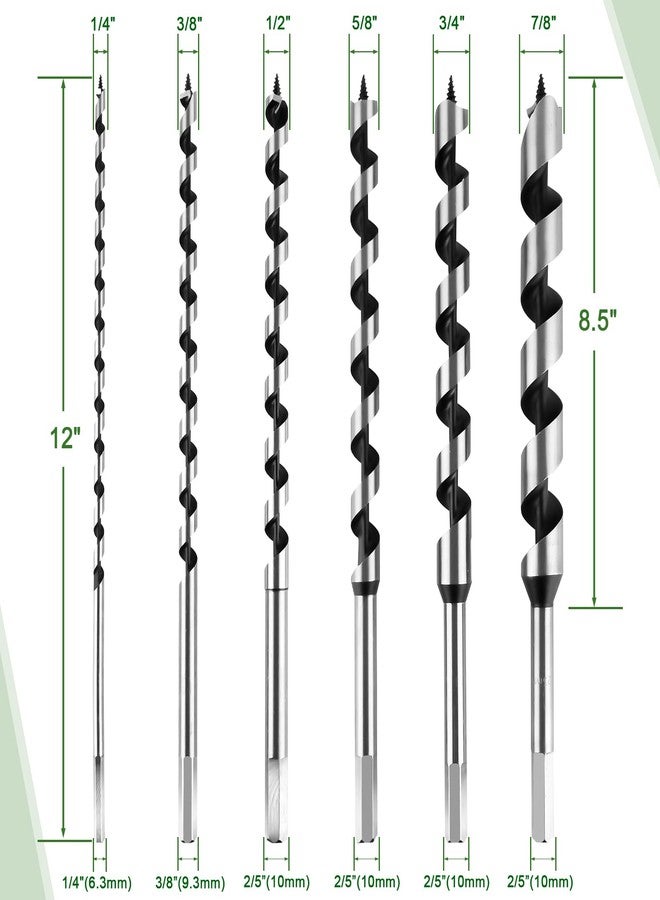 TRESSON 6Pcs Long Auger Drill Bit Set for Wood,Fast Drilling Wood, Carbon Steel Auger Extra Long Bit, Multi-Size 1/4", 3/8", 1/2", 5/8", 3/4", 7/8" Hex Shank Auger Drill bit, Suitable for Hard and Soft Wood - Image 2