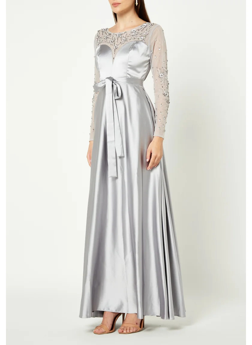 امري Simple And Elegant Satin Long Dress With Beautiful Embroidery Details And Illusion Neckline