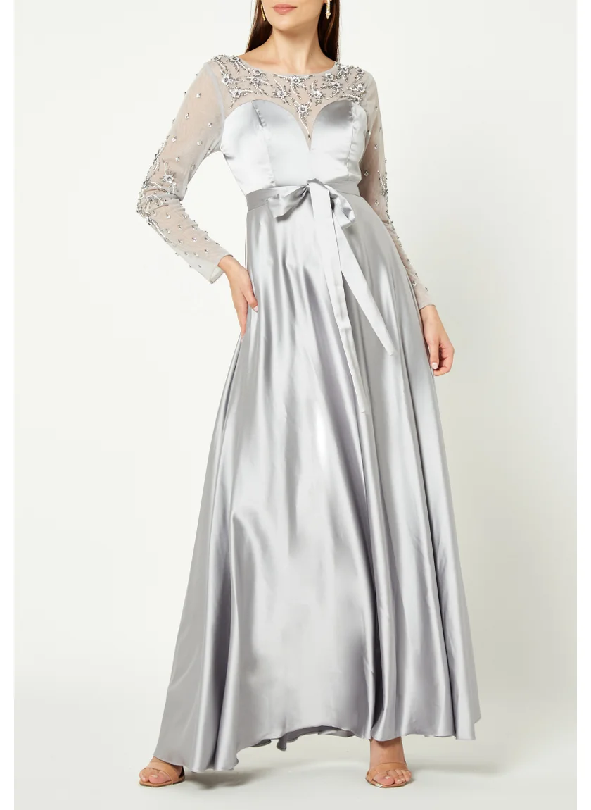 Amri Simple And Elegant Satin Long Dress With Beautiful Embroidery Details And Illusion Neckline