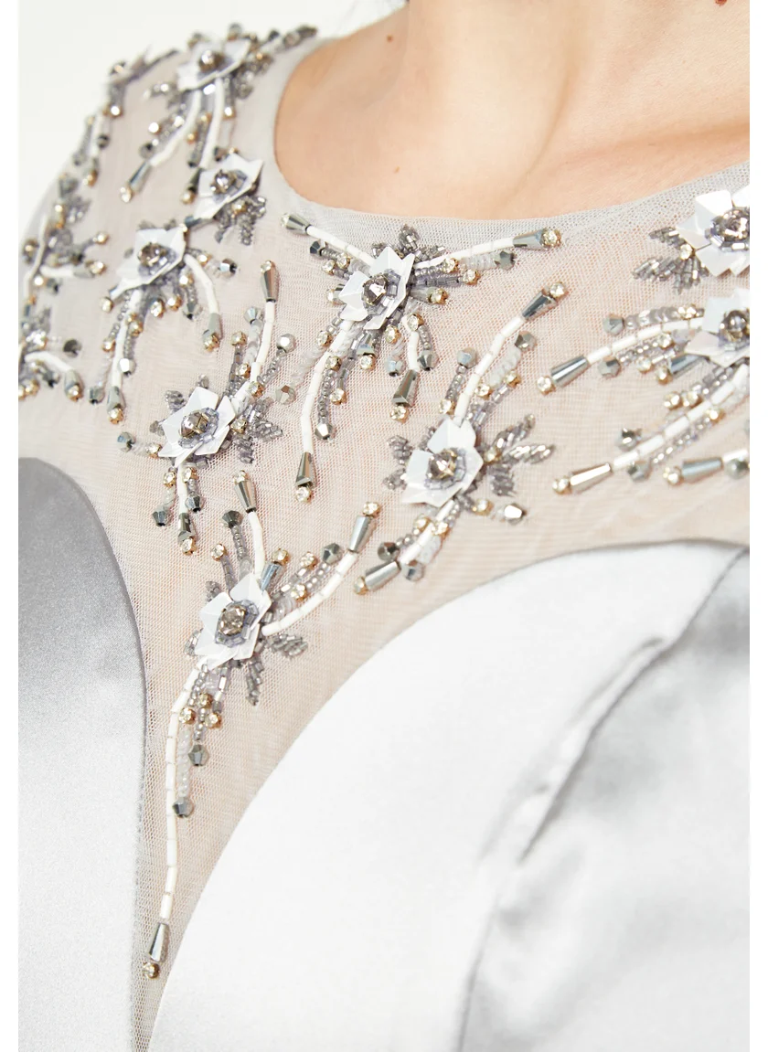 Amri Simple And Elegant Satin Long Dress With Beautiful Embroidery Details And Illusion Neckline