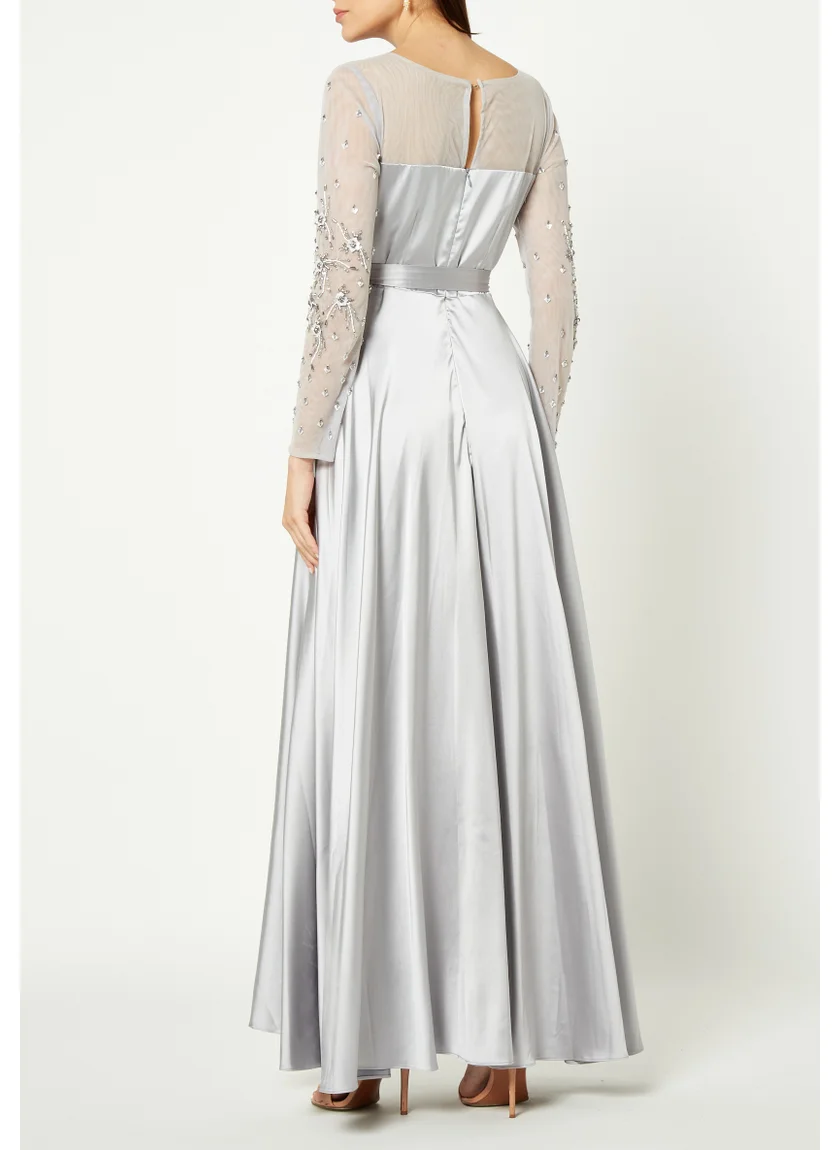 Amri Simple And Elegant Satin Long Dress With Beautiful Embroidery Details And Illusion Neckline