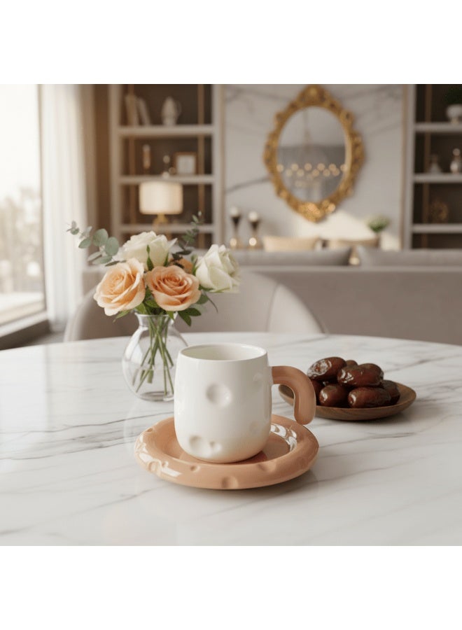 AKDC Elegant White Ceramic Mug 250ml with Peach Color Handle & Matching Saucer Set - Image 1