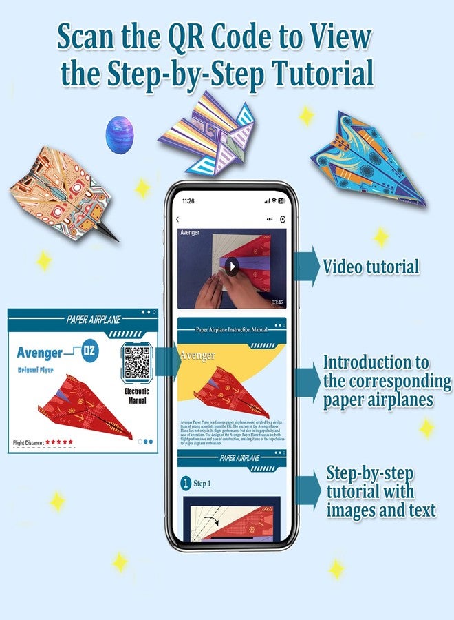 Xuoent Paper Airplane Kits with 16 Classic Designs, 32 Sheets of Colorful Origami Paper, World Record Paper Planes, Craft Kit for Kids, Airplane Gifts for Boys and Girls Ages 6-12+ (Digital Manual Only) - Image 4