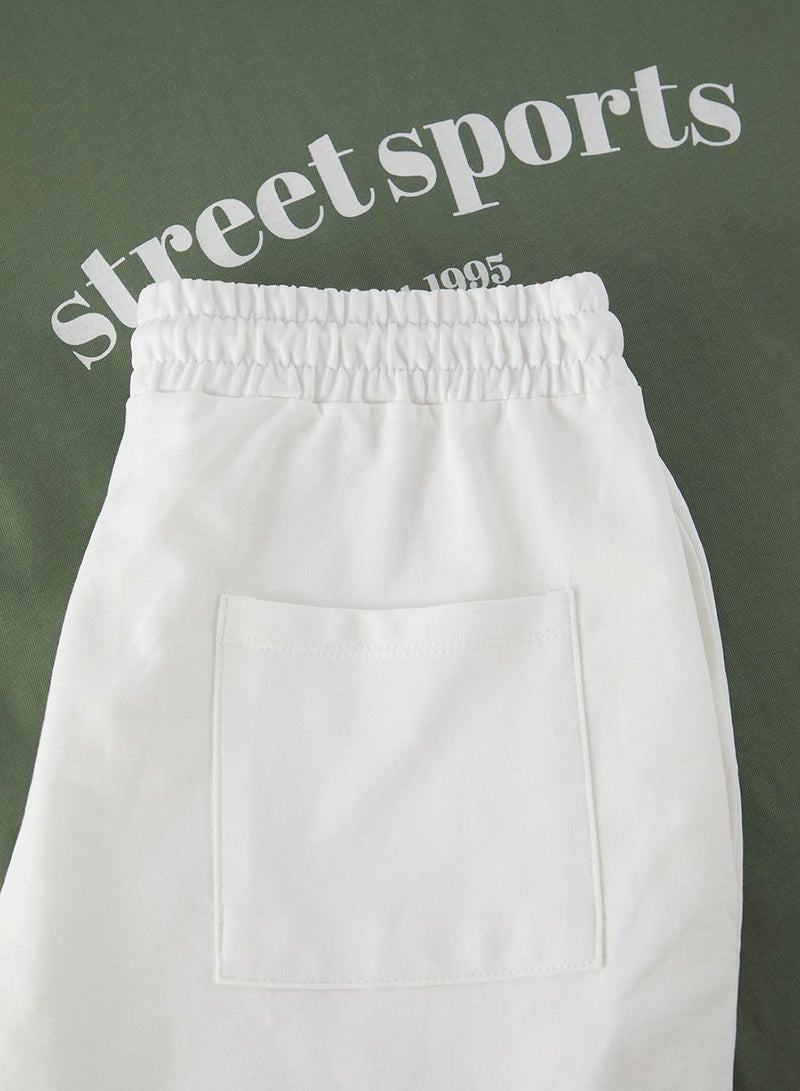 trendyol Emerald Green-Ecru 2-Piece Tracksuit Set Oversize/Wide Cut 100% Cotton Shorts - T-Shirt - Image 4