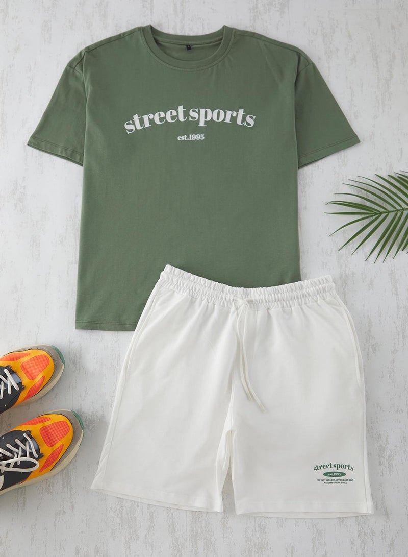 trendyol Emerald Green-Ecru 2-Piece Tracksuit Set Oversize/Wide Cut 100% Cotton Shorts - T-Shirt - Image 1
