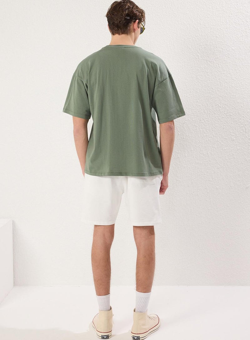 trendyol Emerald Green-Ecru 2-Piece Tracksuit Set Oversize/Wide Cut 100% Cotton Shorts - T-Shirt - Image 5