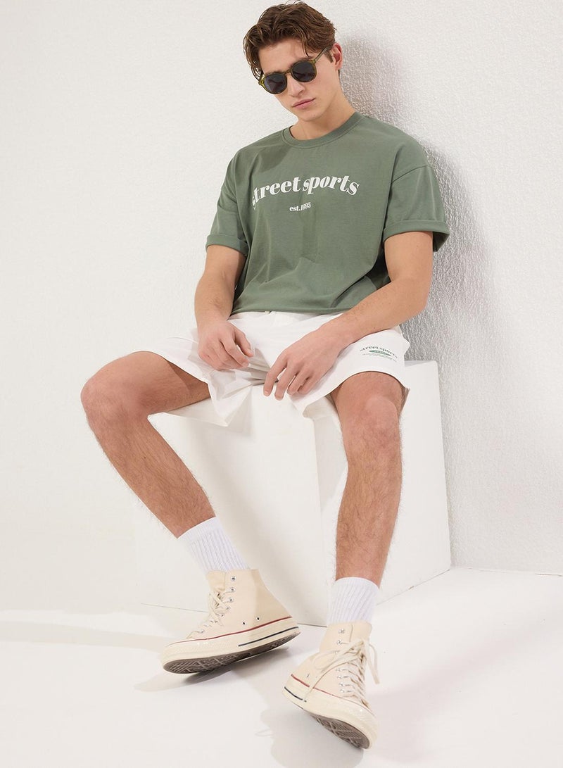trendyol Emerald Green-Ecru 2-Piece Tracksuit Set Oversize/Wide Cut 100% Cotton Shorts - T-Shirt - Image 3