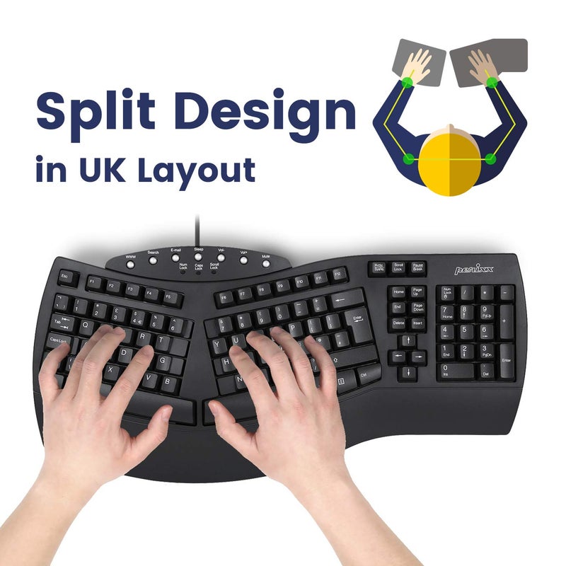 Perixx 11524 PERIBOARD-512 Wired Ergonomic Natural Split Keyboard with 7 Multimedia Keys, Black, UK Layout - Image 2