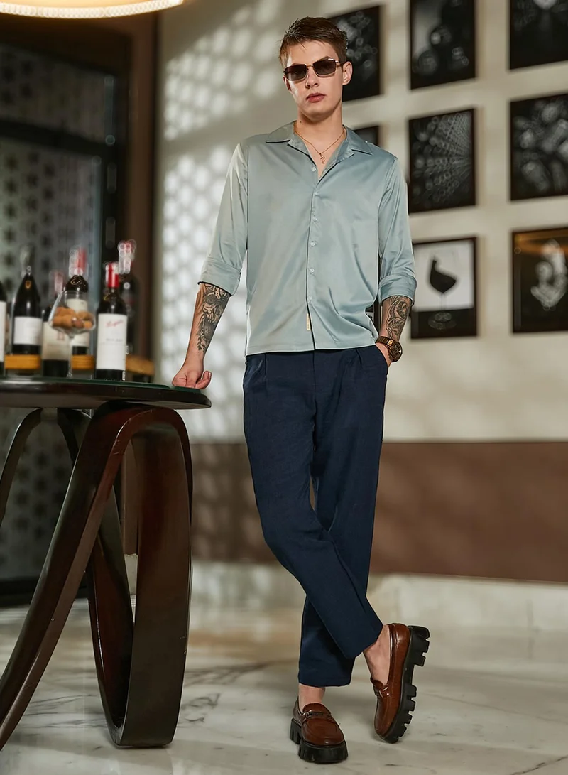 Campus Sutra Men's Sage Green Solid Cuban Shirt