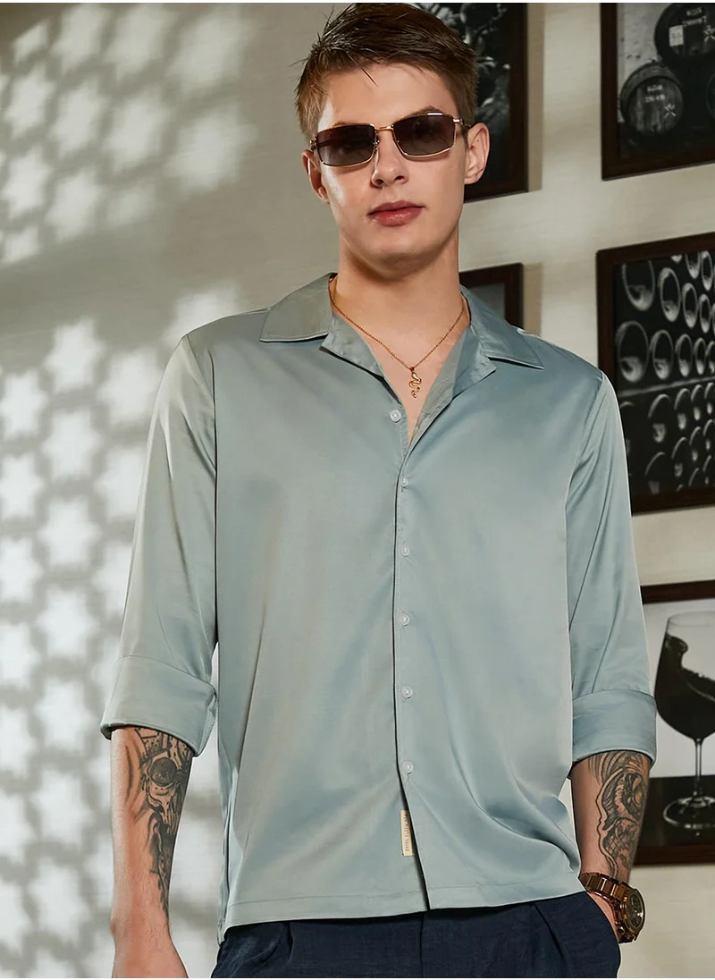 كامبوس سوترا Men's Sage Green Solid Cuban Shirt