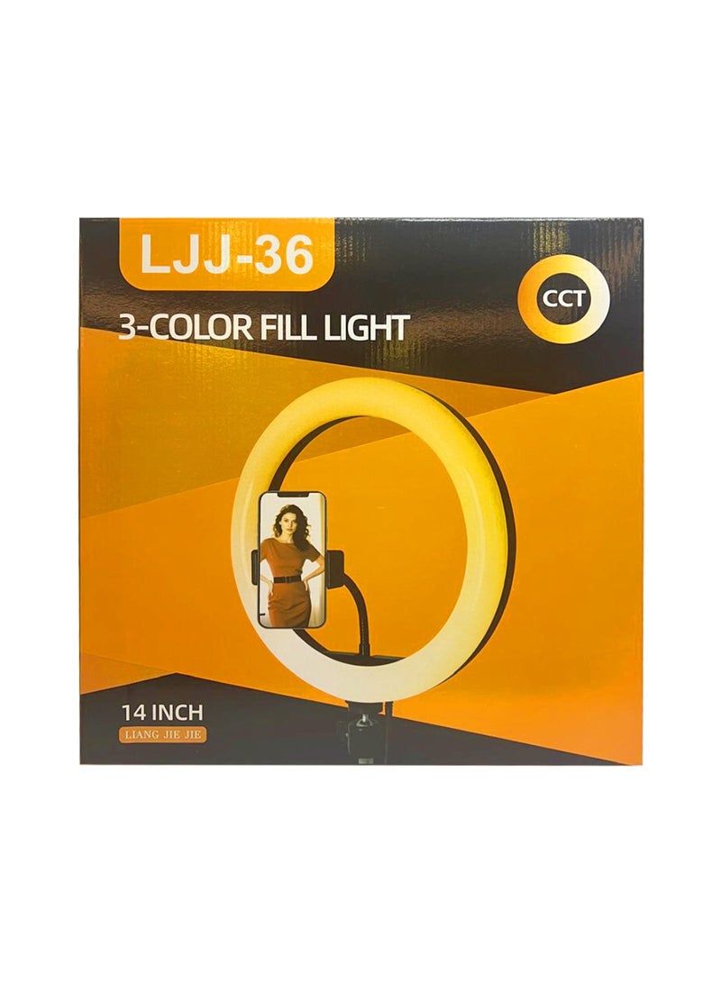 مصباح حلقي LED لتصوير قابل للتعتيم مع حامل ثلاثي القوائم ثلاثة ألوان 14 أنش - Image 1