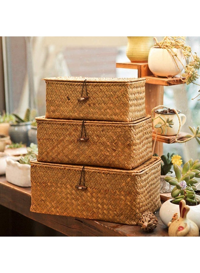 LINGWEI Set of 3 Woven Wicker Storage Bins with Lid Rectangular Seagrass Basket Storage Organizer for Shelf Organizer - Image 3