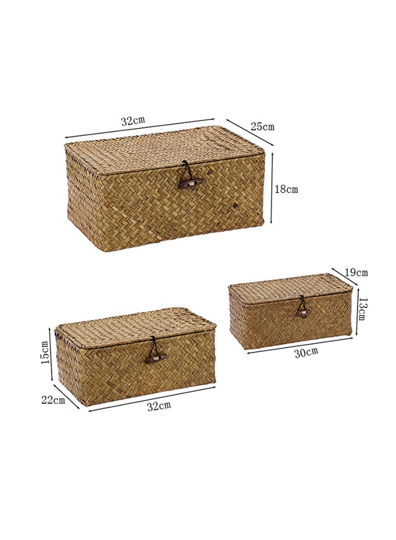 LINGWEI Set of 3 Woven Wicker Storage Bins with Lid Rectangular Seagrass Basket Storage Organizer for Shelf Organizer - Image 4