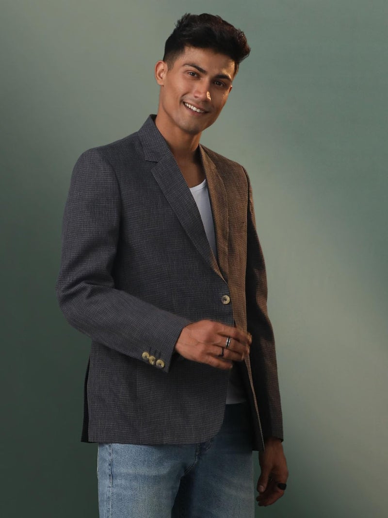 VASTRAMAY Men's Jute Silk Blazer I All Printed Checked Slim Fit Blazer I Everyday Casuals Festive Blazer for Men_VSHVMCT032BL_38 Black - Image 3