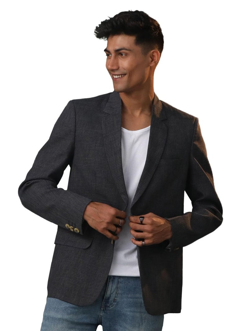 VASTRAMAY Men's Jute Silk Blazer I All Printed Checked Slim Fit Blazer I Everyday Casuals Festive Blazer for Men_VSHVMCT032BL_38 Black - Image 1