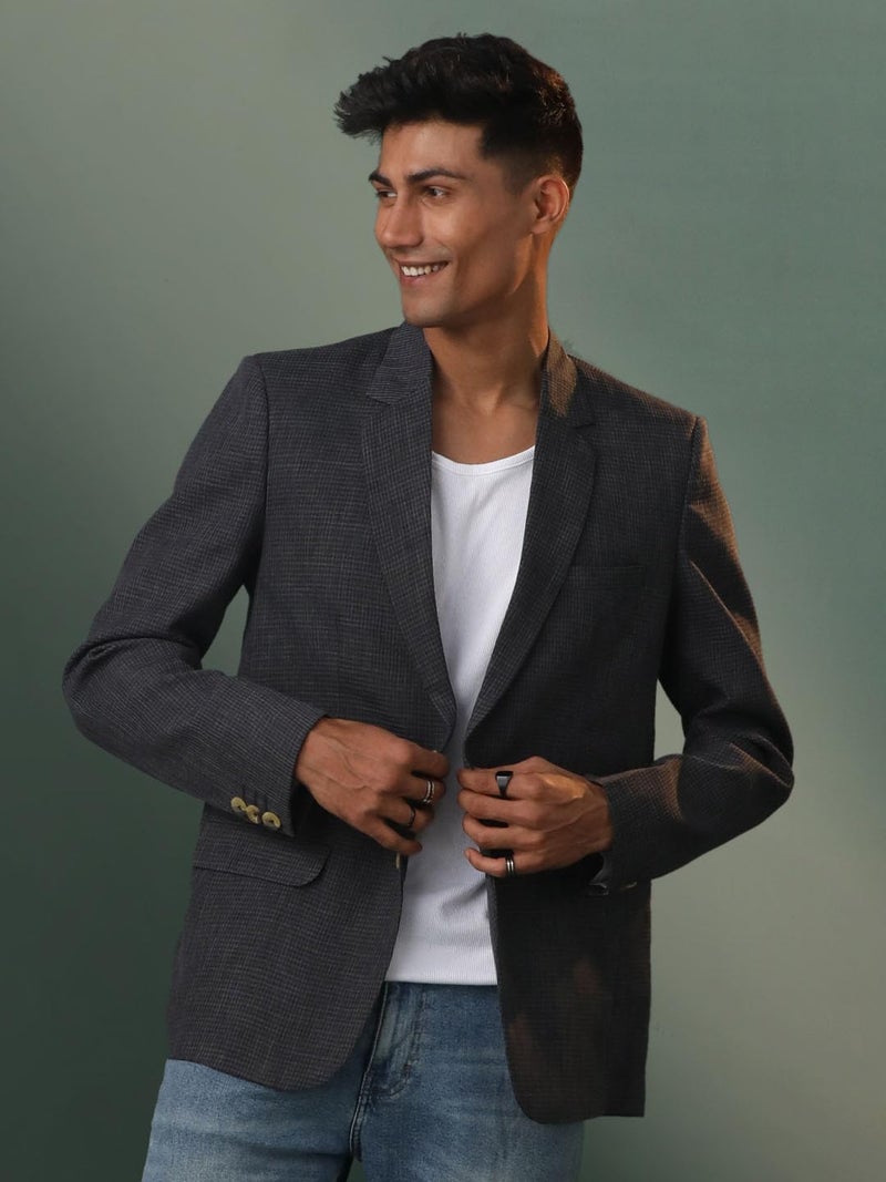 VASTRAMAY Men's Jute Silk Blazer I All Printed Checked Slim Fit Blazer I Everyday Casuals Festive Blazer for Men_VSHVMCT032BL_38 Black - Image 2