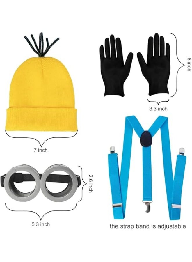 مجموعة إكسسوارات زي مينيون من Brain Giggles، مكونة من 4 قطع - للأطفال والكبار، تتضمن نظارات مينيون، وقبعة صفراء، وقفازات، وحمالات - زي تنكري مرح لعيد الهالوين للأولاد والبنات